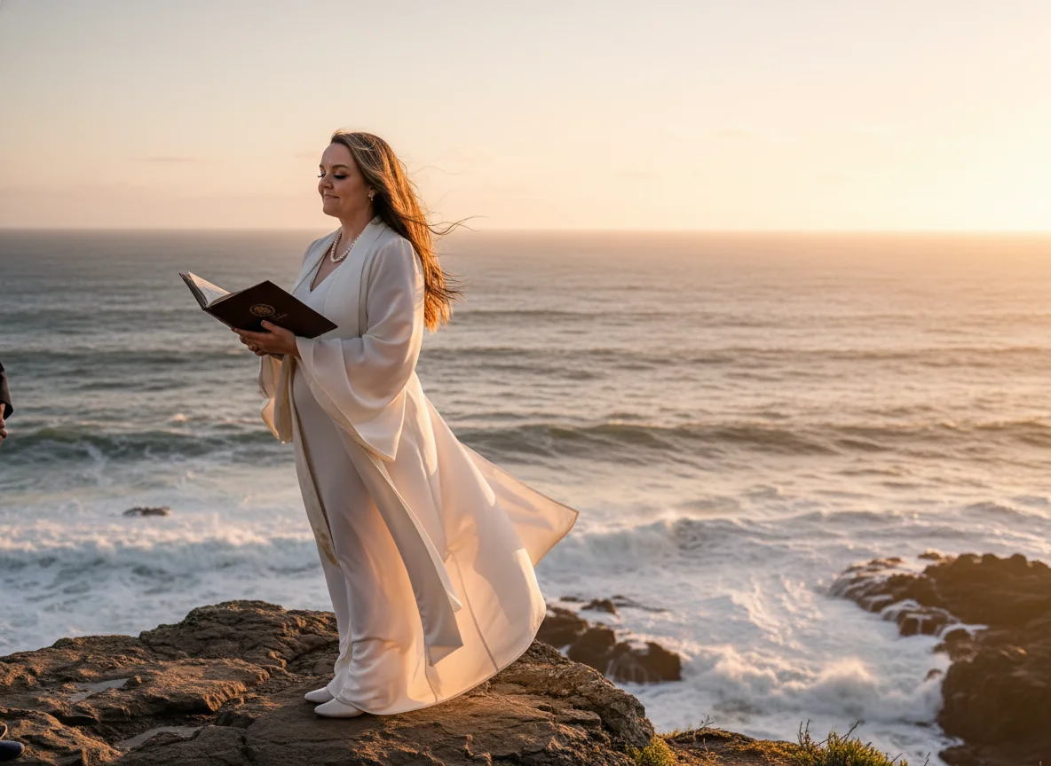 Marci Wake officiating at the edge of a sea cliff at golden hour.
