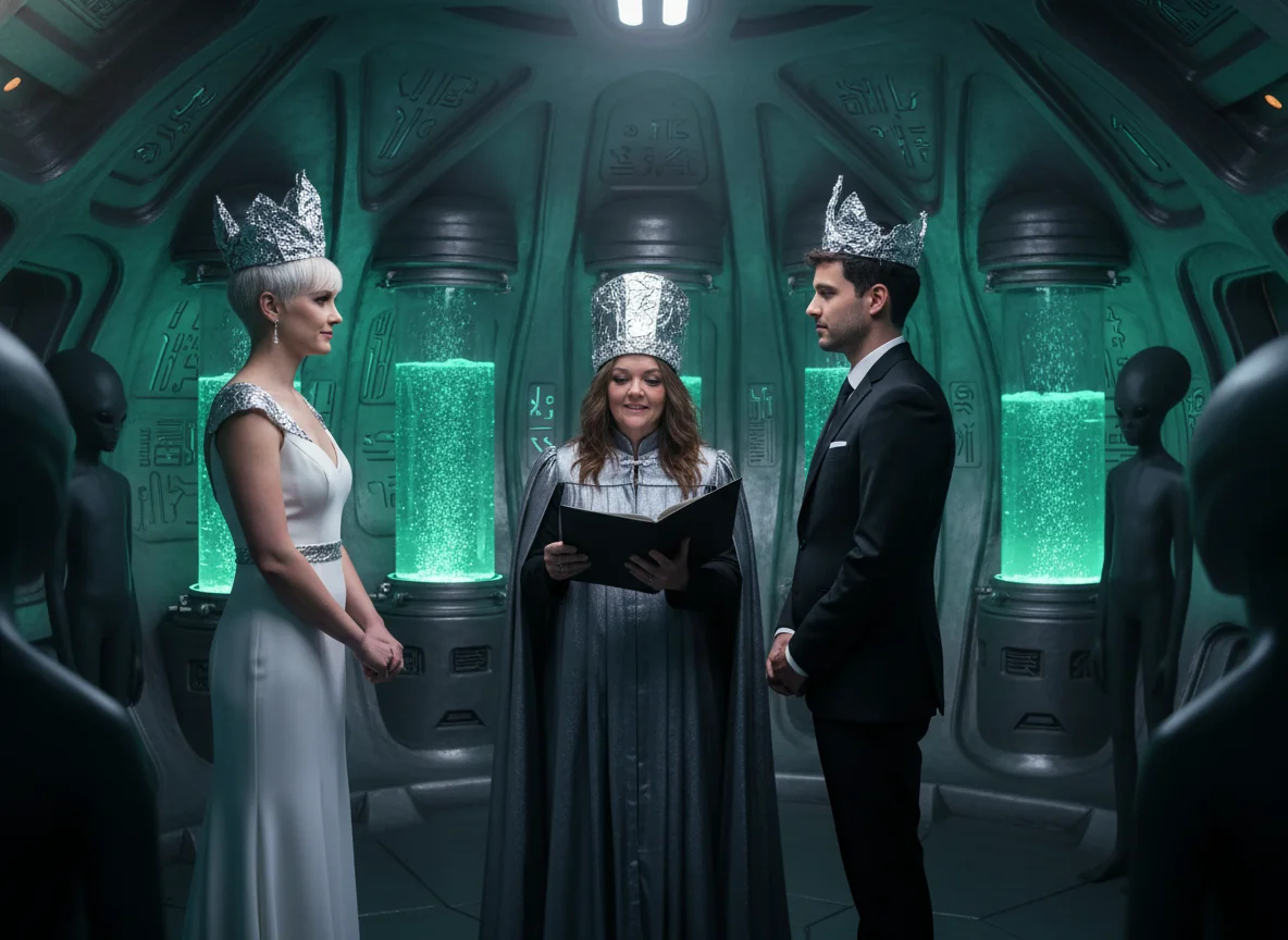 Marci officiating a wedding ceremony aboard an alien spacecraft, ceremonial tinfoil hats and bubbling green goo vats.