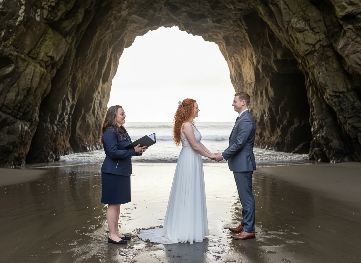 Marci officiating at the mouth of a wave-cut sea cave at low tide.