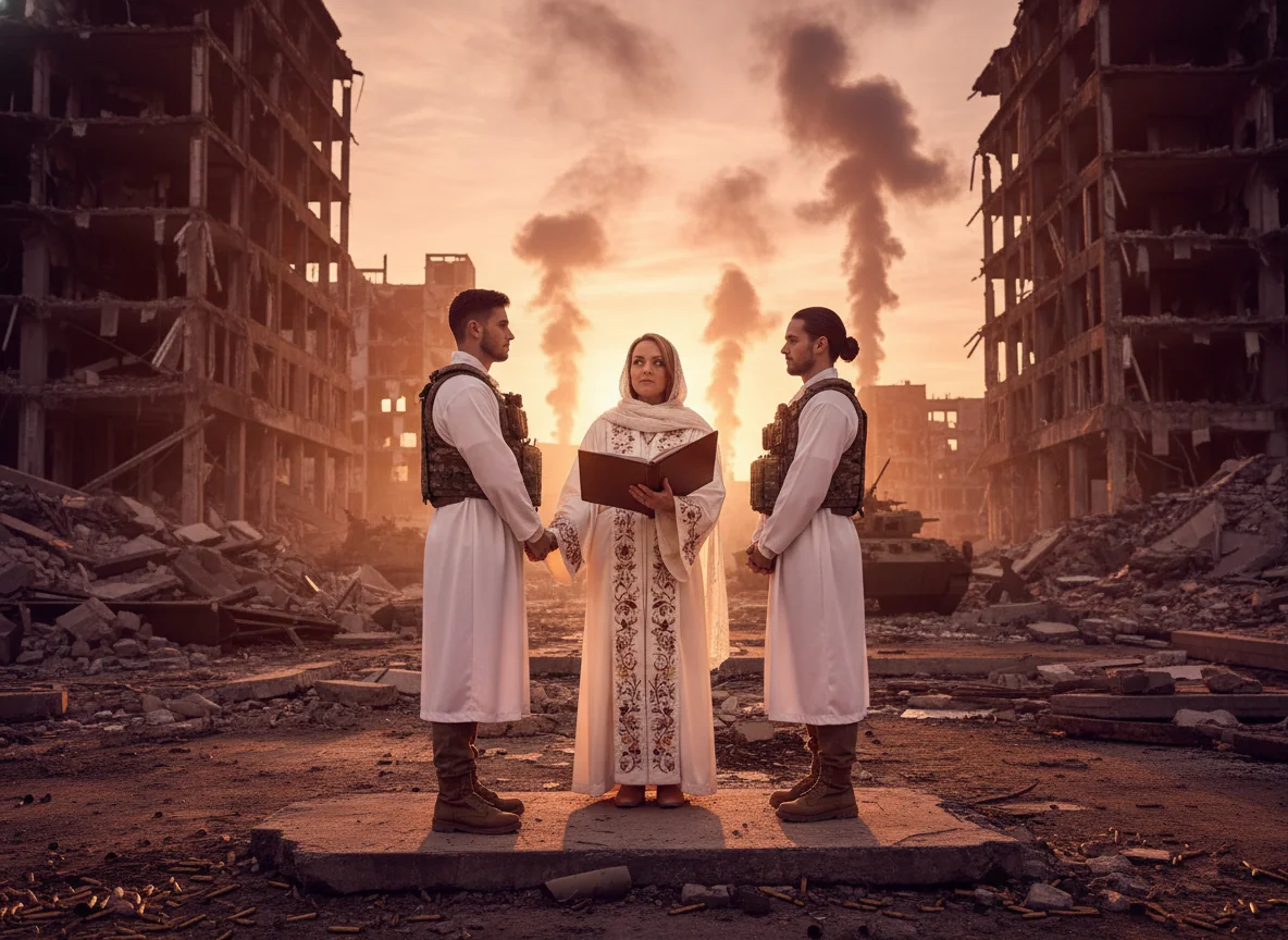 Marci officiating a wedding ceremony in an active combat zone, smoke and ruined buildings behind.