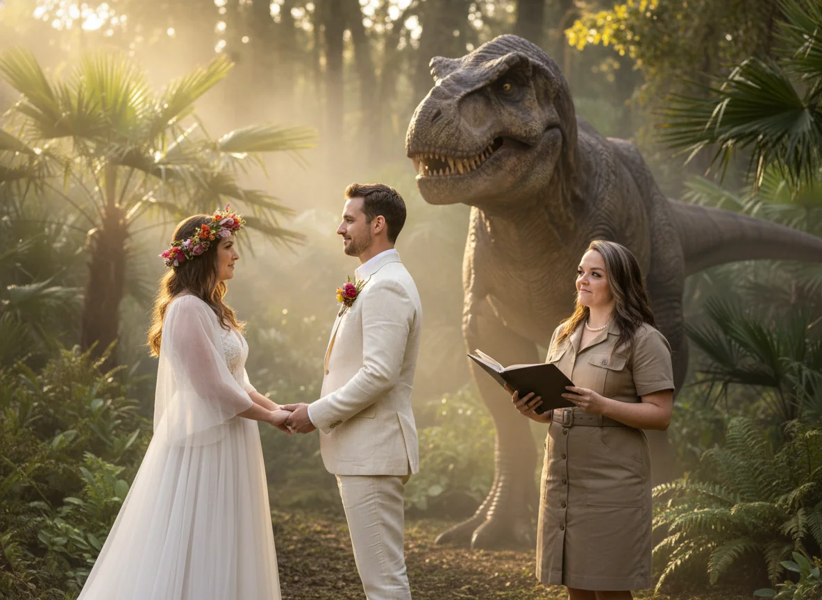 Marci officiating a wedding ceremony in a jungle clearing with a Tyrannosaurus rex observing.