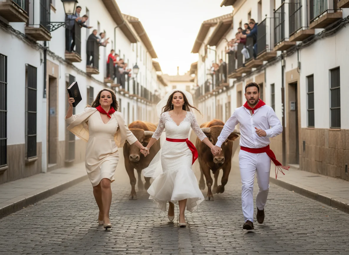 Marci officiating a wedding ceremony mid-run during the Pamplona bull run.
