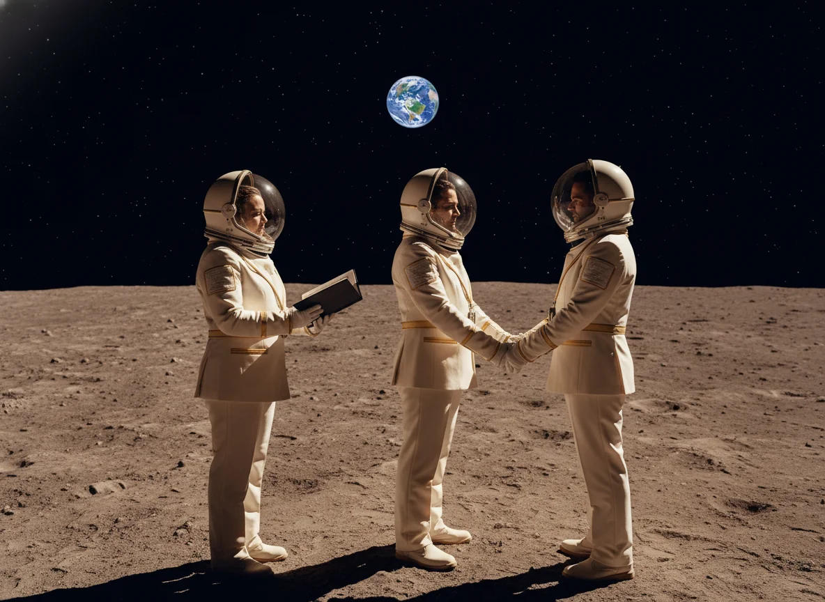 Marci officiating a wedding ceremony on the surface of the moon, Earth rising in the sky.