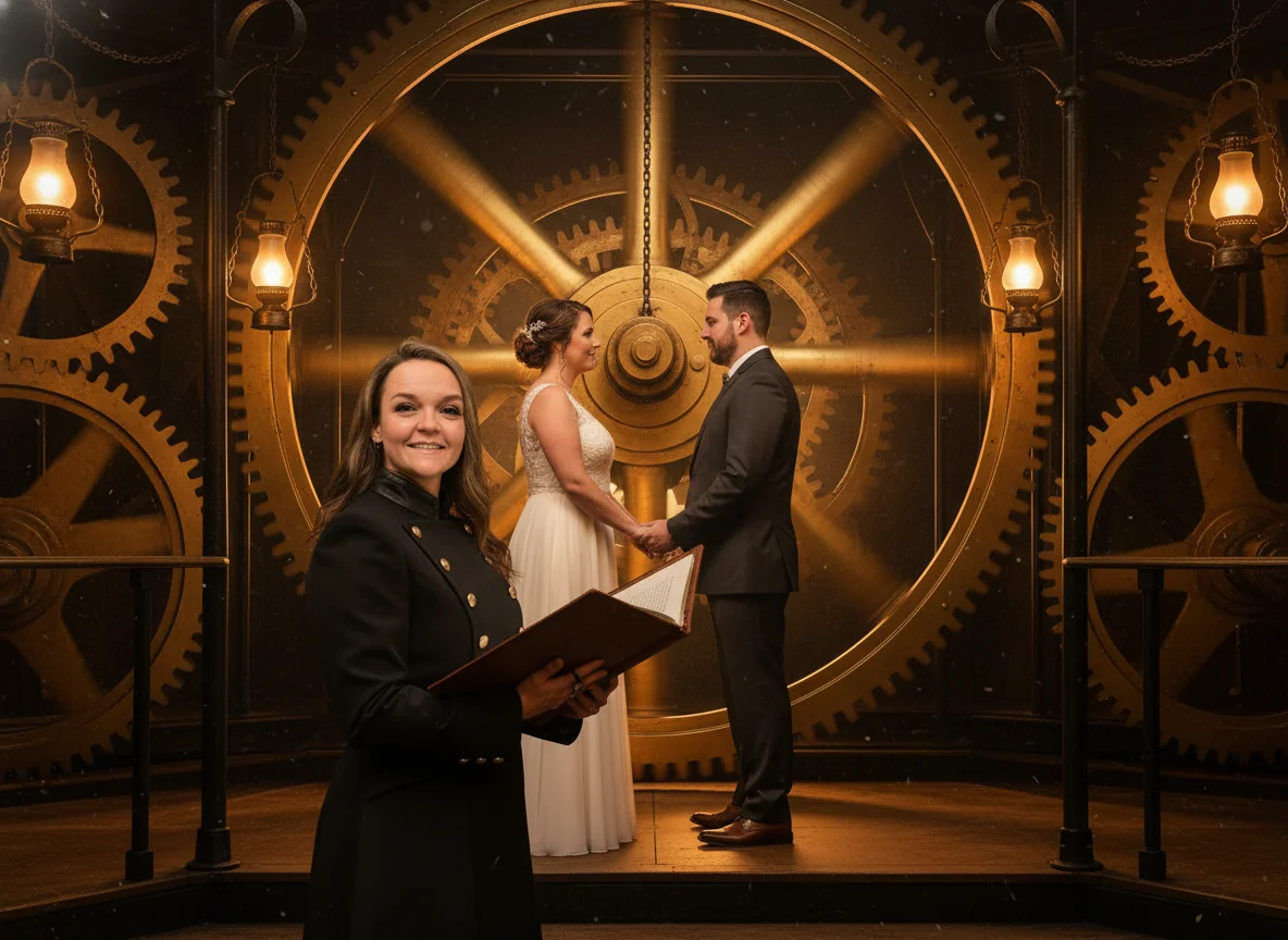 Marci inside a clock-tower gear room officiating a ceremony.