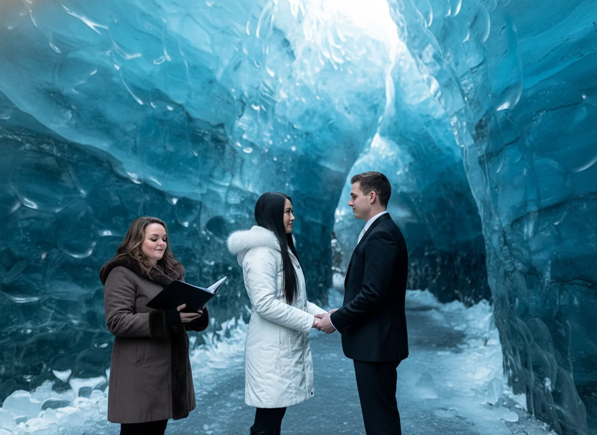 Marci officiating inside a luminous blue glacial ice cave.