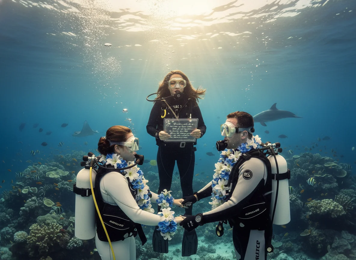 Marci officiating an underwater scuba wedding ceremony.