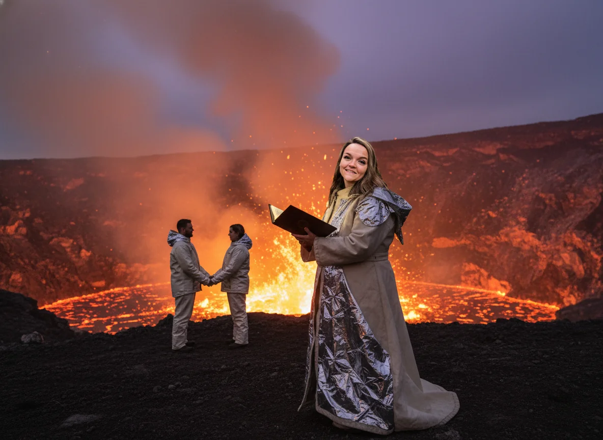 Marci officiating at the rim of an active volcanic crater at dusk.
