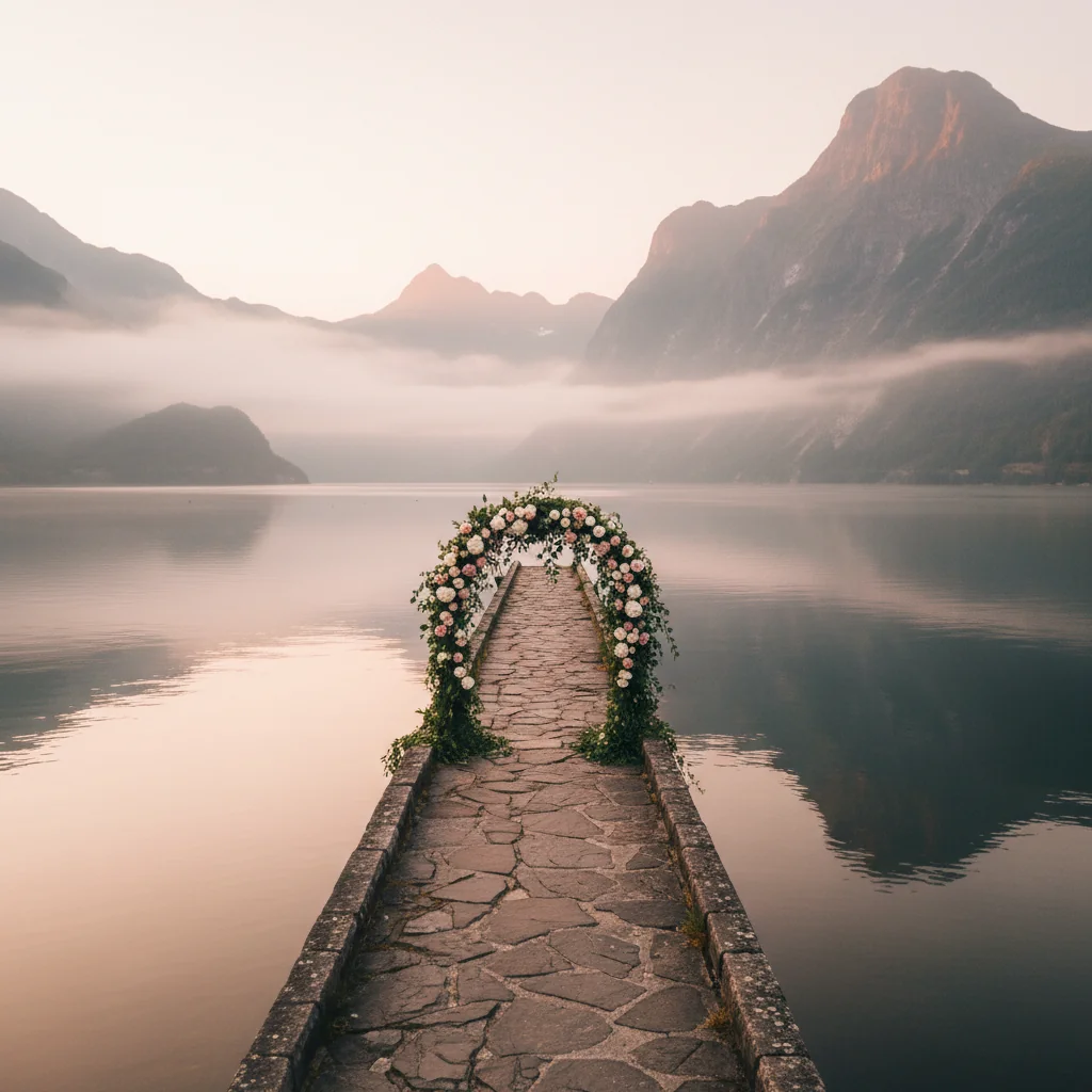 A flower arch at the end of a stone pier extending over a misty fjord at dawn.
